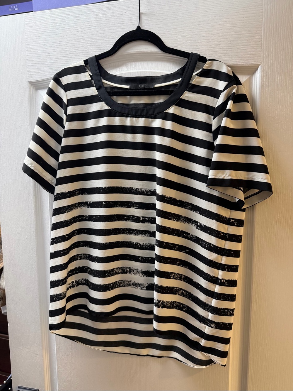 Tibi Black and White Striped Short Sleeve Blouse